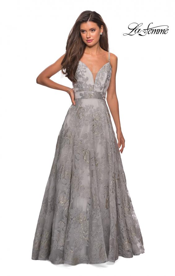 Picture of: Empire Waist Prom Dress with Metallic Floral Accents in Silver, Style: 27549, Detail Picture 2