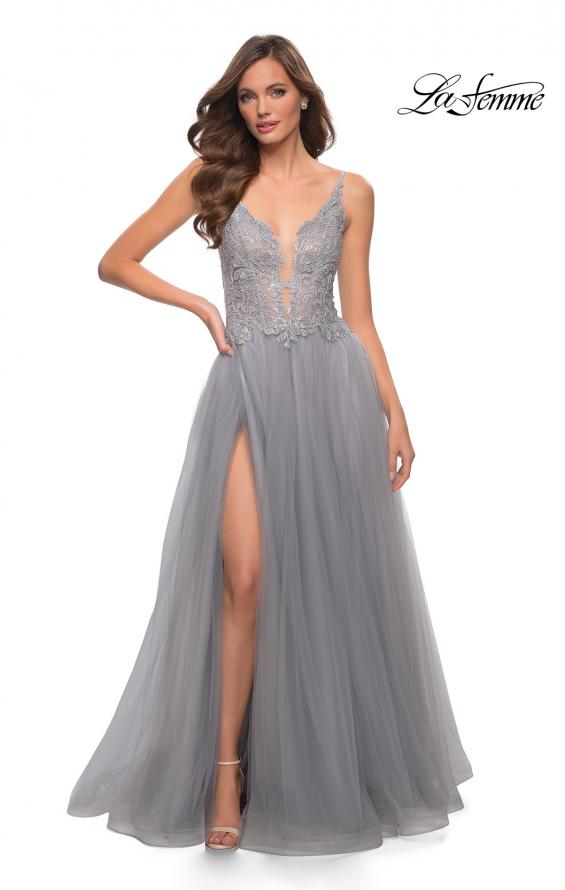 Picture of: Tulle A Line Gown with Lace Rhinestone Bodice in Silver, Style 29686, Detail Picture 2
