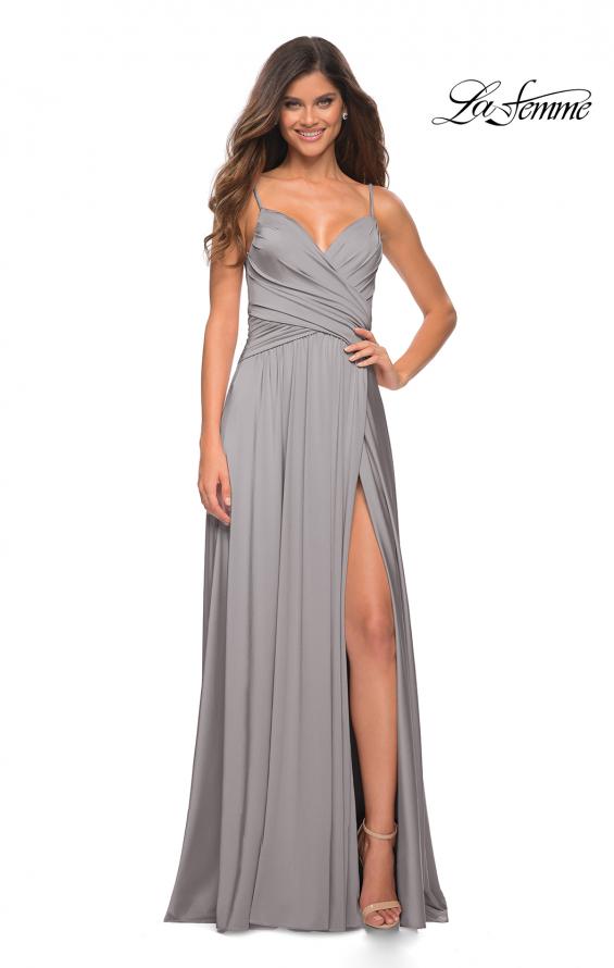 Picture of: Elegant Criss-Cross Ruched Bodice Jersey Dress in Silver, Style: 30571, Detail Picture 2