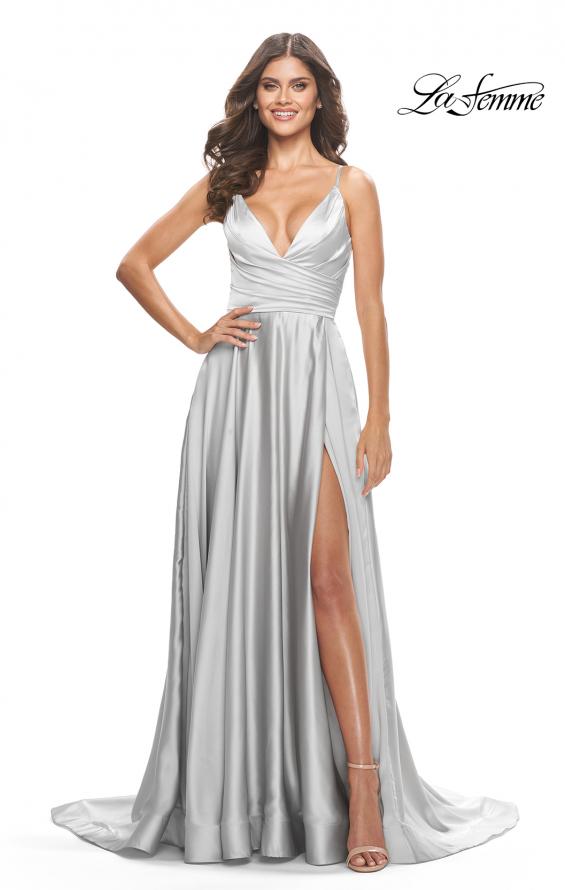Picture of: A-Line Satin Gown with Ruched Bodice and V Neck in Silver, Style: 31505, Detail Picture 2