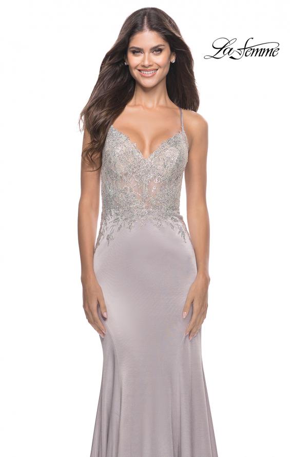 Picture of: Chic Liquid Jersey Dress with Sheer Lace Bodice in Silver, Style: 31555, Detail Picture 2