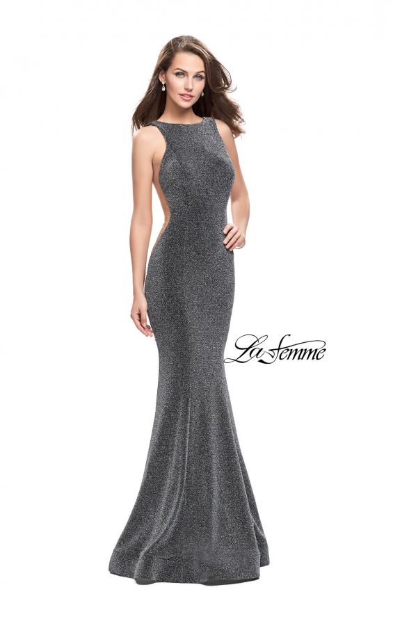 Picture of: Long Form Fitting Jersey Prom Dress with Flare Skirt in Silver, Style: 25421, Detail Picture 3