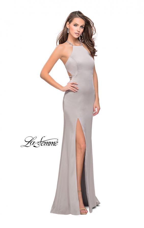Picture of: Long Halter Prom Dress with Beaded Straps and Slit in Silver, Style: 25459, Detail Picture 2