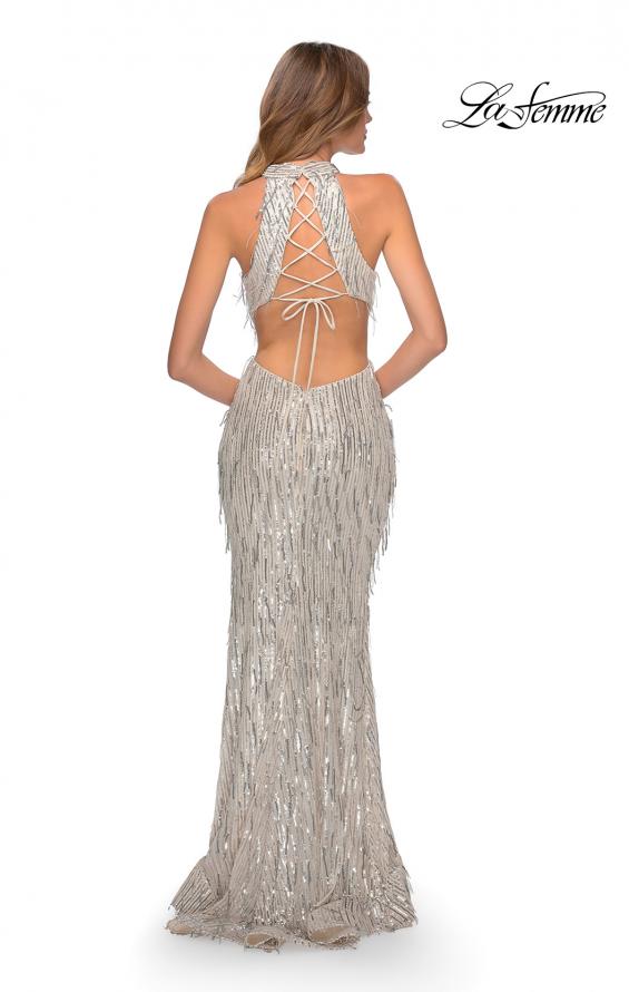 Picture of: High Neck Sequin Fringe Dress with Tie Up Back in Silver, Style: 28819, Detail Picture 4