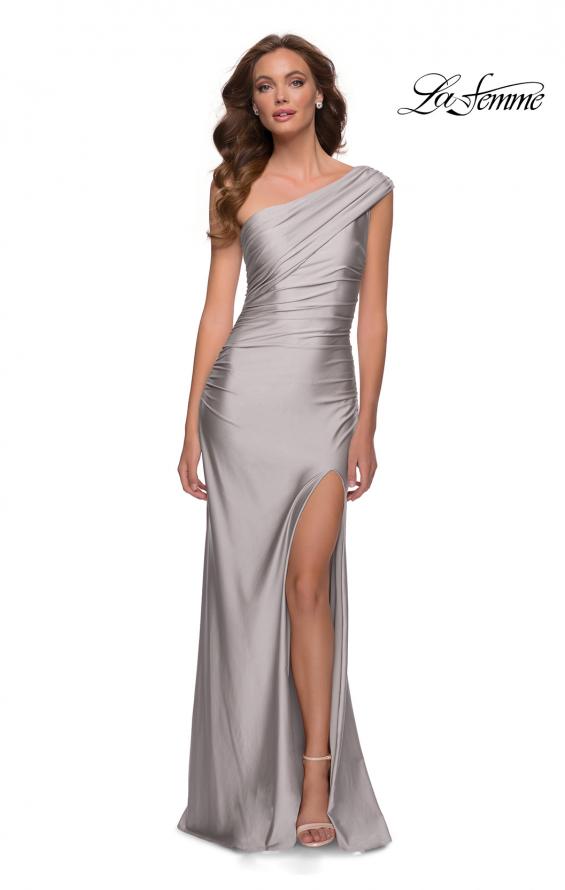 Picture of: One Shoulder Shiny Ruched Jersey Dress with Slit in Silver, Style 29619, Detail Picture 4