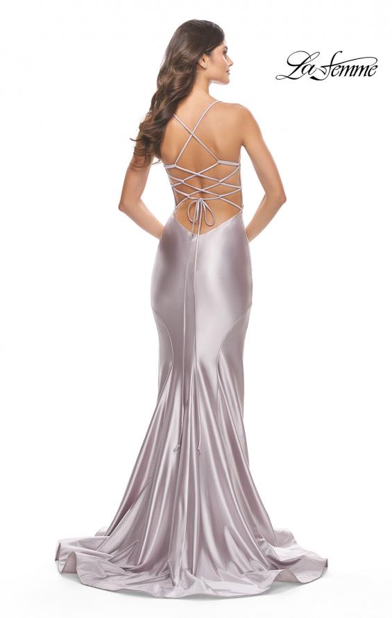 Picture of: Liquid Jersey Mermaid Gown with Lace Up Back in Silver, Style: 31295, Detail Picture 4