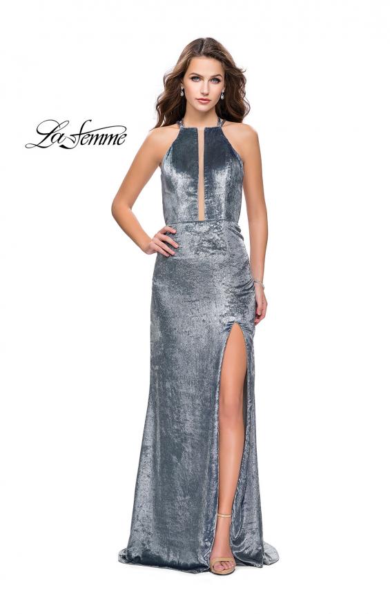 Picture of: Long Velvet Prom Dress with Leg Slit and Open Back in Silver, Style: 25861, Detail Picture 5