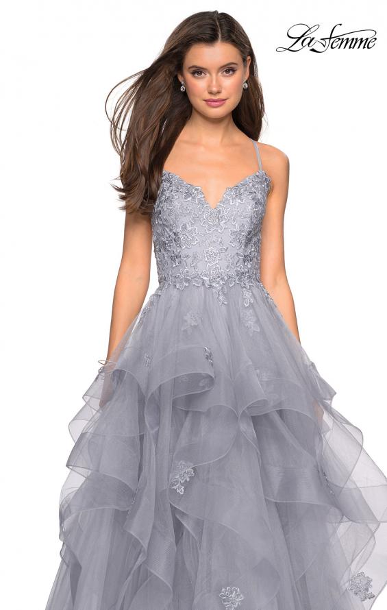 Picture of: Floor Length Tulle Dress with Floral Embellishments in Silver, Style: 27579, Detail Picture 5