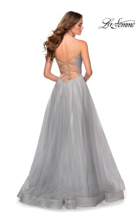 Picture of: Long Tulle Ball Gown with Beaded Bodice and Slit in Silver, Style: 28530, Detail Picture 5