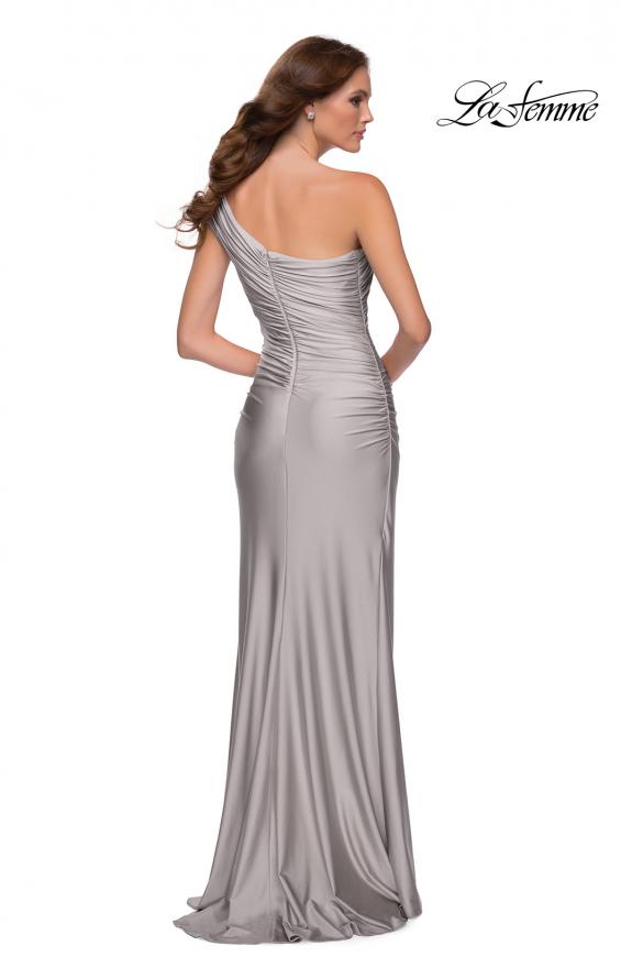 Picture of: One Shoulder Shiny Ruched Jersey Dress with Slit in Silver, Style 29619, Detail Picture 5