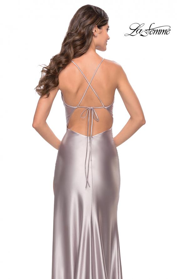 Picture of: Fitted Liquid Jersey Dress with High Slit and Open Back in Silver, Style: 31208, Detail Picture 5