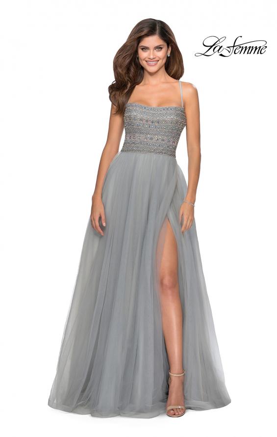 Picture of: Long Tulle Prom Dress with Beaded Bodice in Silver, Style: 28535, Detail Picture 6