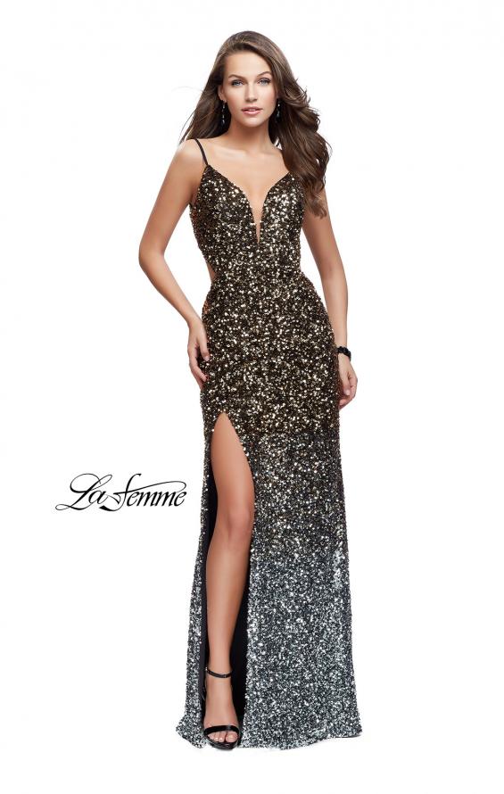 Picture of: Long Ombre Sequin Prom Dress with Side Leg Slit in Silver Gold, Style: 26000, Detail Picture 1