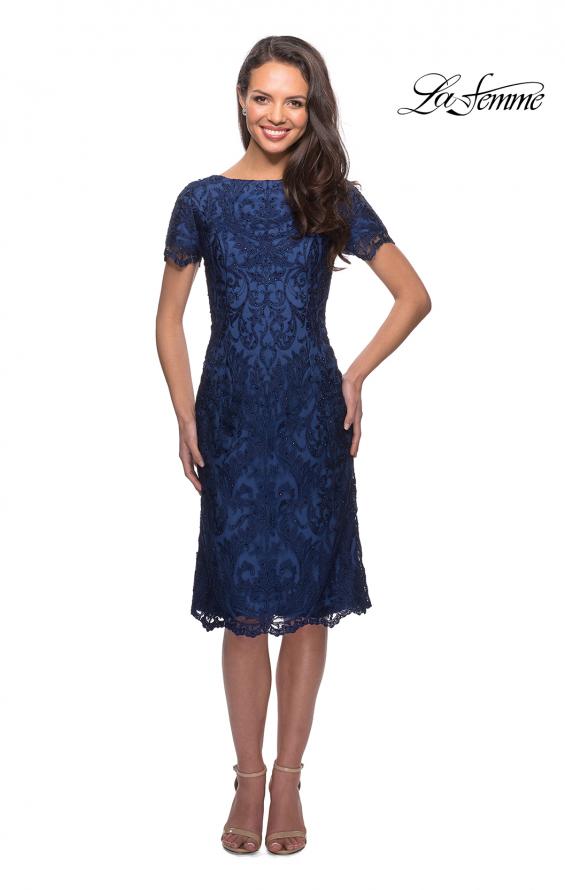 Picture of: Lace Short Dress with Short Sleeves and Rhinestones in Slate Blue, Style: 25633, Main Picture