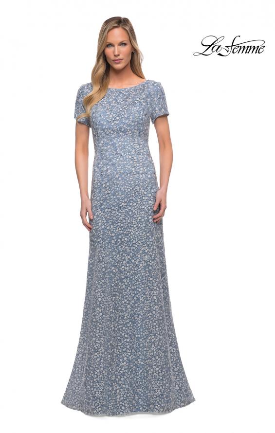 Picture of: Long Print Lace Dress with Short Sleeves in Slate Blue, Main Picture