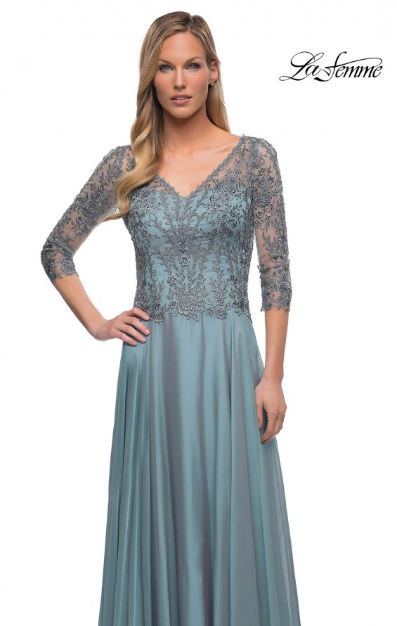 Picture of: Chiffon Dress with Sheer Lace Three-Quarter Sleeves in Slate Blue, Main Picture