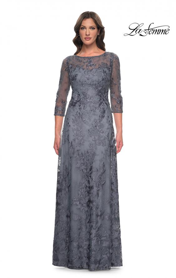 Picture of: Lace Mother of the Bride Dress with Illusion Neckline and Sleeves in Slate Blue, Style: 30060, Main Picture