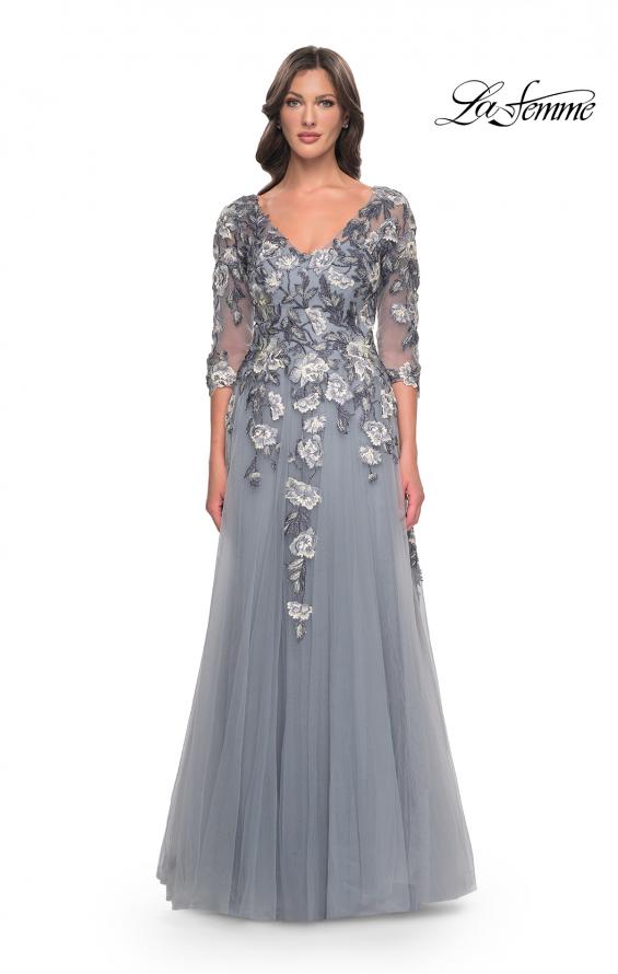 Picture of: Tulle A-Line Gown with Beautiful Lace Applique and Sheer Sleeves in Slate Blue, Style: 30968, Main Picture