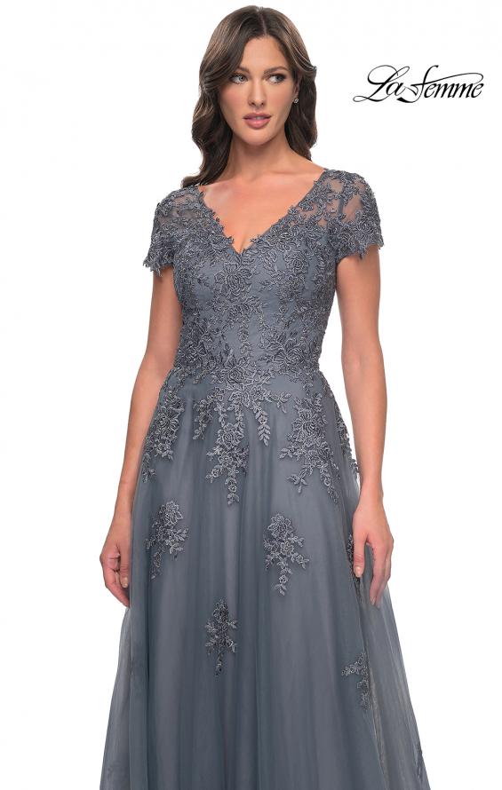Picture of: A-Line Tulle Gown with Lace Applique and Short Sleeves in Slate Blue, Style: 30228, Detail Picture 8