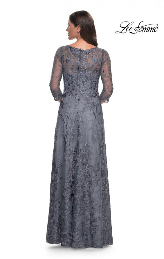 Picture of: Lace Mother of the Bride Dress with Illusion Neckline and Sleeves in Slate Blue, Style: 30060, Back Picture