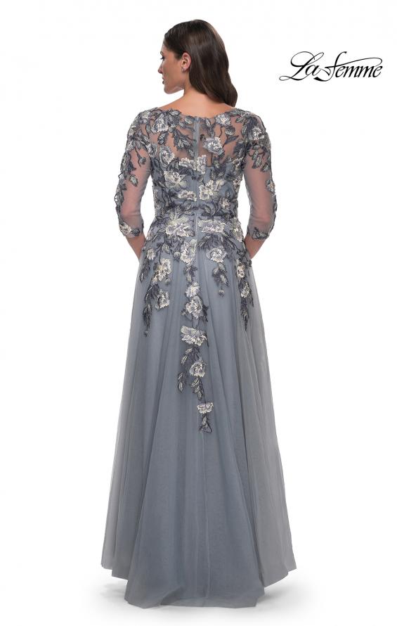 Picture of: Tulle A-Line Gown with Beautiful Lace Applique and Sheer Sleeves in Slate Blue, Style: 30968, Back Picture