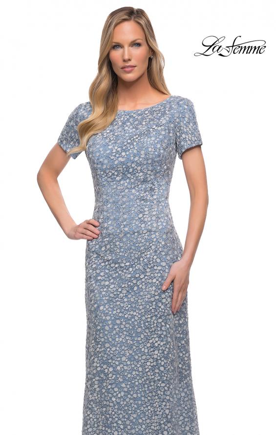 Picture of: Long Print Lace Dress with Short Sleeves in Slate Blue, Detail Picture 1
