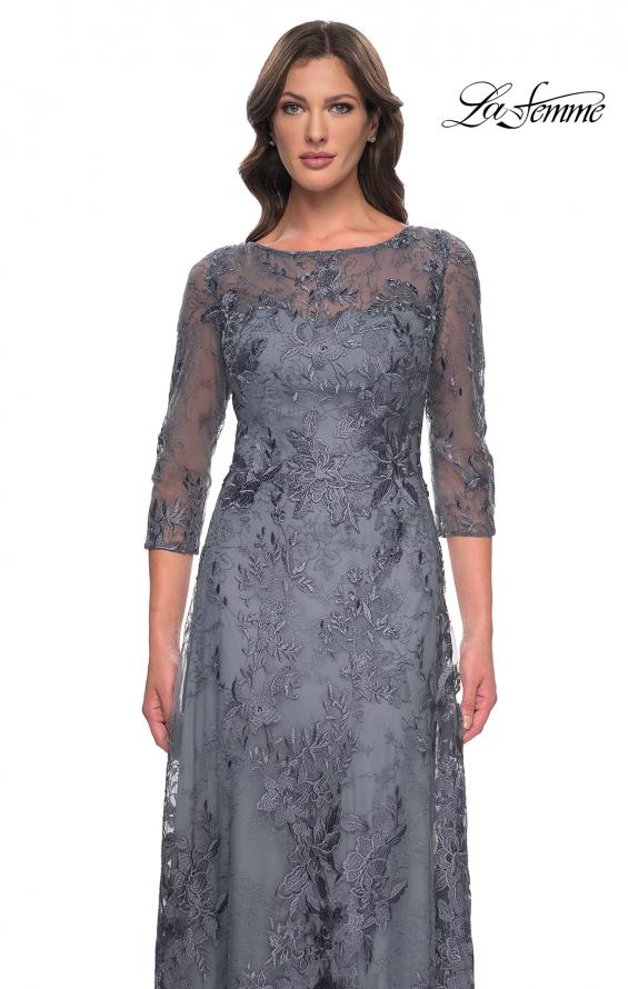 Picture of: Lace Mother of the Bride Dress with Illusion Neckline and Sleeves in Slate Blue, Style: 30060, Detail Picture 1