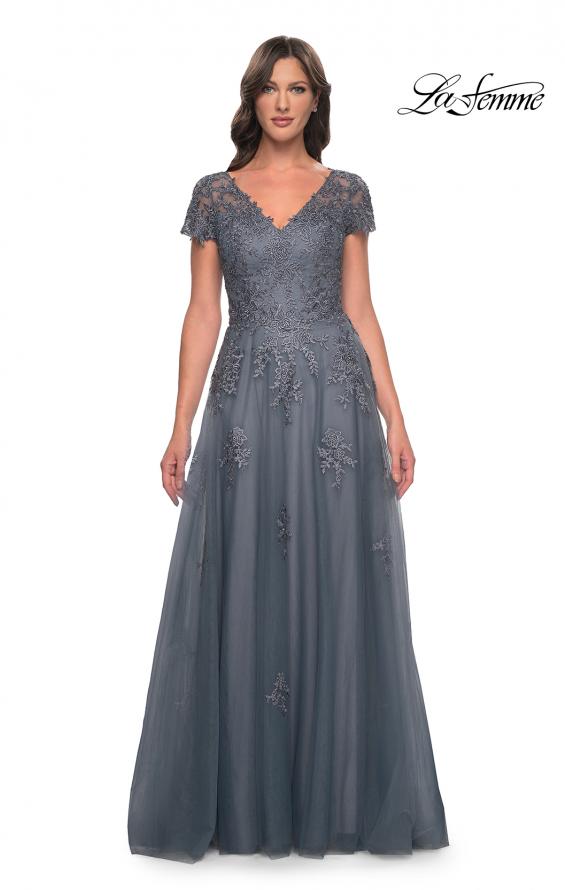 Picture of: A-Line Tulle Gown with Lace Applique and Short Sleeves in Slate Blue, Style: 30228, Detail Picture 1