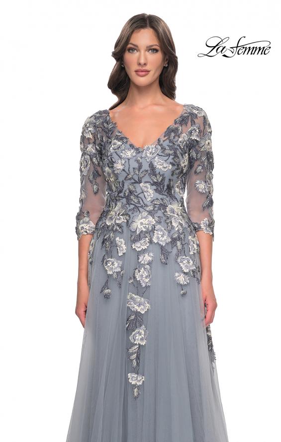 Picture of: Tulle A-Line Gown with Beautiful Lace Applique and Sheer Sleeves in Slate Blue, Style: 30968, Detail Picture 1