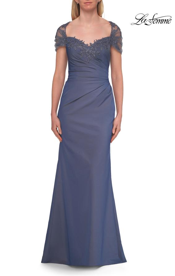 Picture of: Embroidered Lace Sleeve Gown with Keyhole Back in Slate Blue, Style: 33579, Detail Picture 1