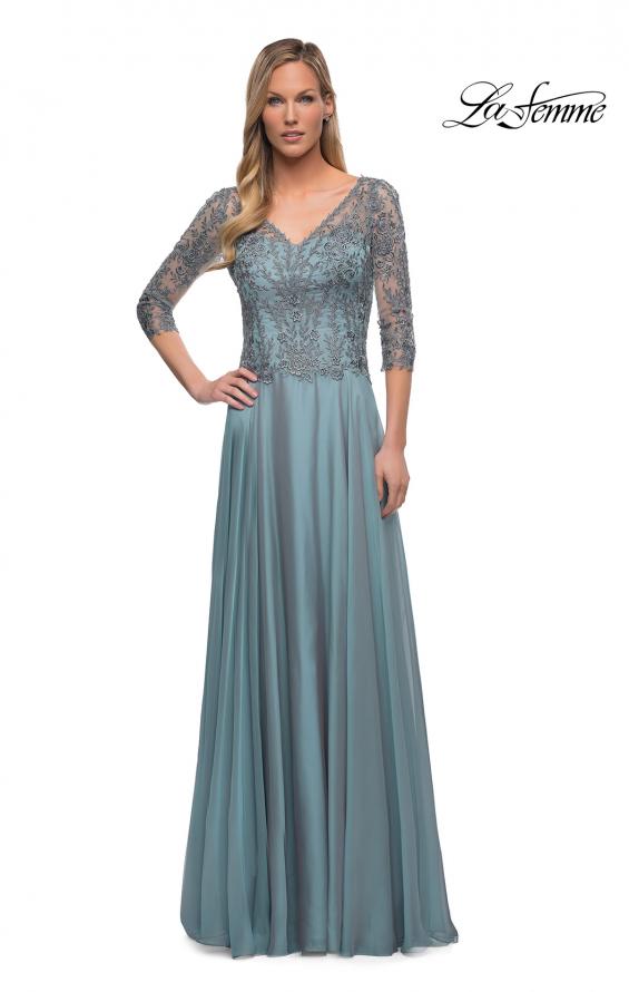 Picture of: Chiffon Dress with Sheer Lace Three-Quarter Sleeves in Slate Blue, Detail Picture 2