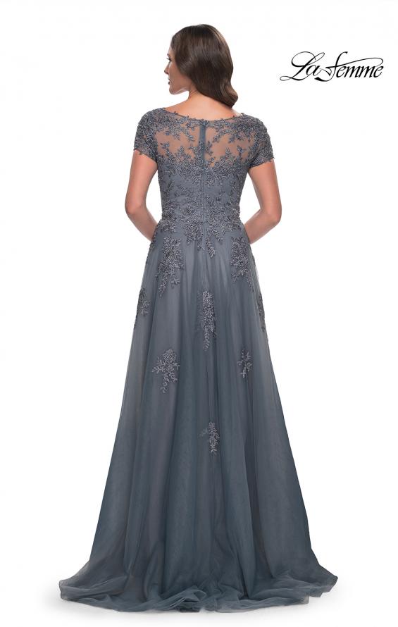 Picture of: A-Line Tulle Gown with Lace Applique and Short Sleeves in Slate Blue, Style: 30228, Detail Picture 2
