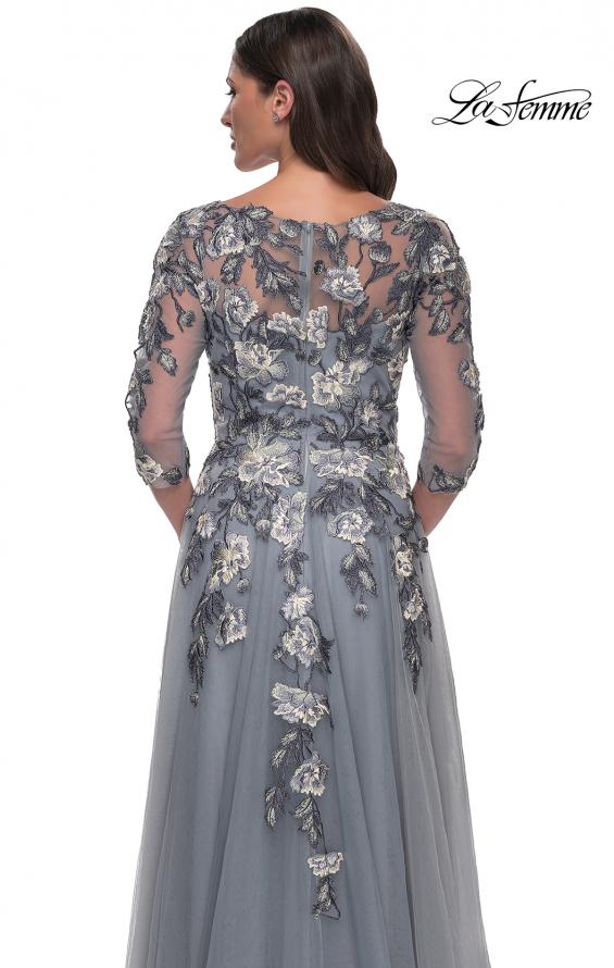 Picture of: Tulle A-Line Gown with Beautiful Lace Applique and Sheer Sleeves in Slate Blue, Style: 30968, Detail Picture 2