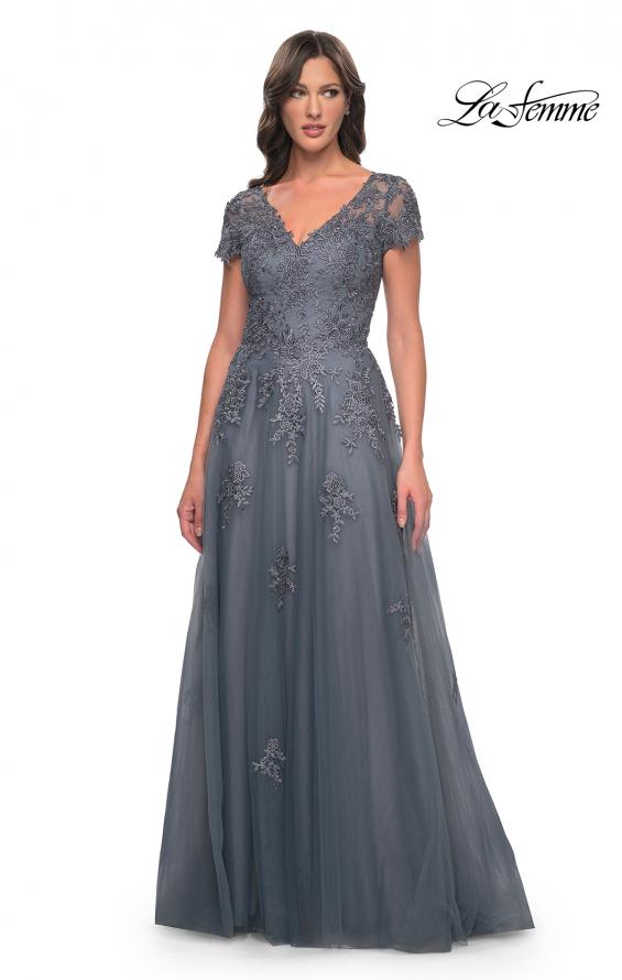 Picture of: A-Line Tulle Gown with Lace Applique and Short Sleeves in Slate Blue, Style: 30228, Detail Picture 3