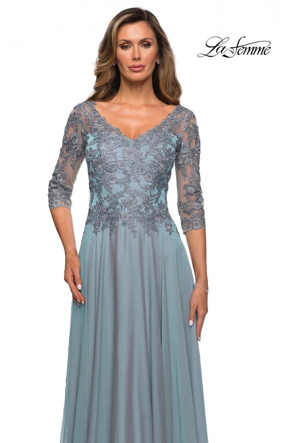 Picture of: Satin Three Quarter Sleeve Dress with V-Neckline in Slate Blue, Style: 28106, Detail Picture 6