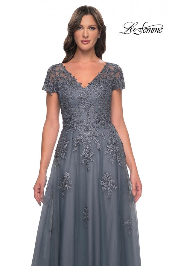 Picture of: A-Line Tulle Gown with Lace Applique and Short Sleeves in Slate Blue, Style: 30228, Detail Picture 6