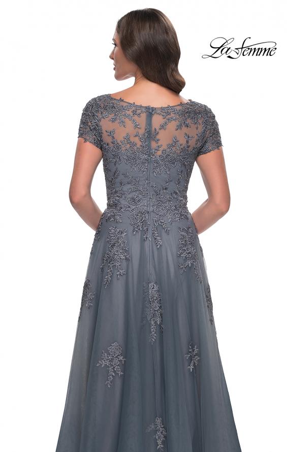 Picture of: A-Line Tulle Gown with Lace Applique and Short Sleeves in Slate Blue, Style: 30228, Detail Picture 7