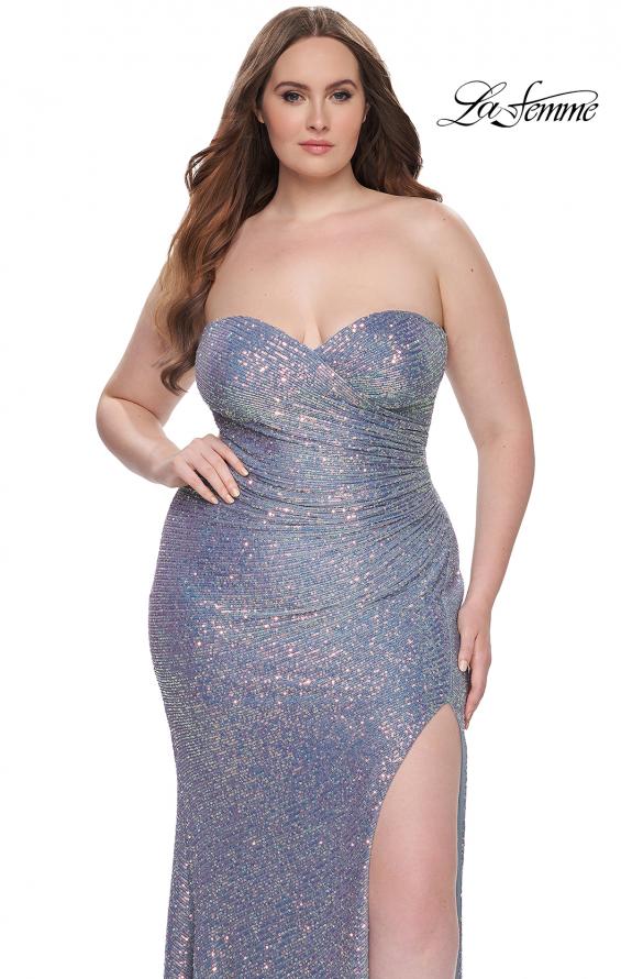 Picture of: Strapless Ruched Sequin Plus Size Dress with Slit in Slate Blue, Style: 31983, Detail Picture 1