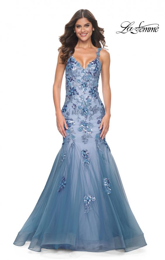 Picture of: Mermaid Two Tone Prom Dress with Sequin Lace Beaded Applique in Slate Blue, Style: 32192, Main Picture