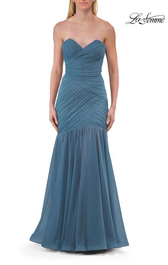Picture of: Strapless Ruched Mesh Mermaid Evening Gown in Slate Blue, Style: 33588, Detail Picture 10