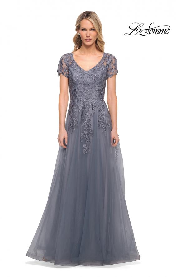 Picture of: Lace and Tulle A-line Evening Gown with Cap Sleeve in Blue, Style: 29164, Main Picture