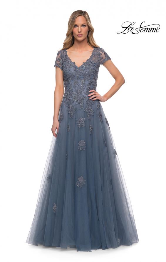 Picture of: Tulle A Line Gown with Lace Applique and V Neck in Slate, Main Picture