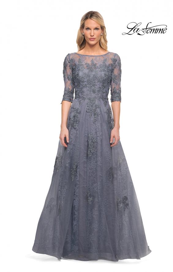 Picture of: Lace and Tulle A-line Gown with Three Quarter Sleeves in Slate, Style: 28036, Detail Picture 9