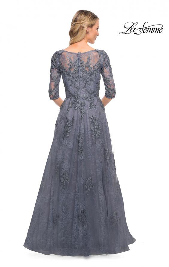 Picture of: Lace and Tulle A-line Gown with Three Quarter Sleeves in Slate, Style: 28036, Detail Picture 10