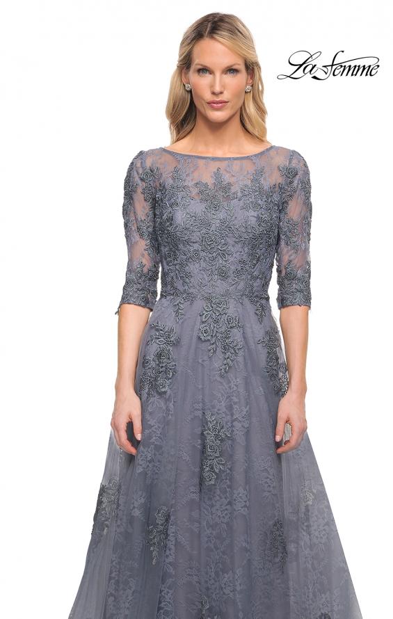 Picture of: Lace and Tulle A-line Gown with Three Quarter Sleeves in Slate, Style: 28036, Detail Picture 11