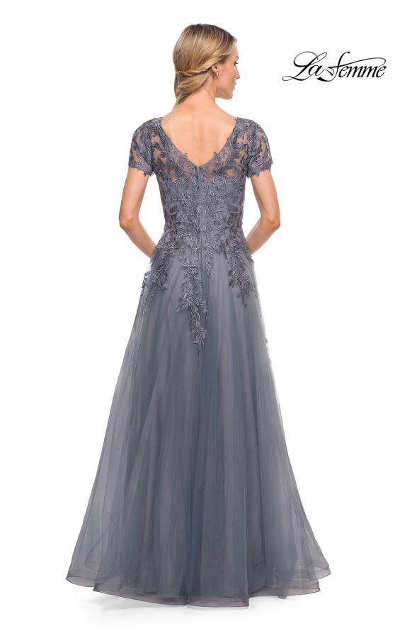Picture of: Lace and Tulle A-line Evening Gown with Cap Sleeve in Blue, Style: 29164, Back Picture