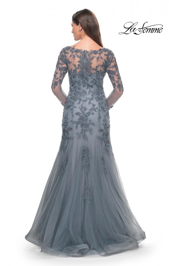 Picture of: Lace and Tulle A-Line Gown with Long Sleeves in Slate, Style: 31887, Back Picture