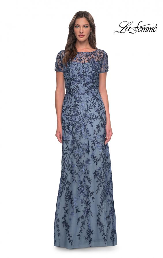 Picture of: Floral Beaded Evening Dress with Sheer Cap Sleeves in Slate, Style: 27956, Detail Picture 3
