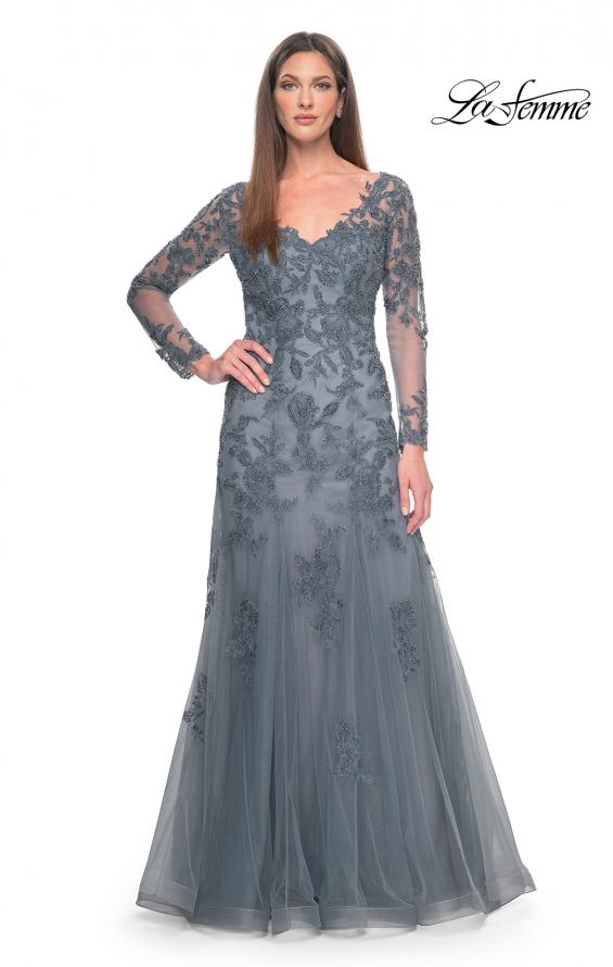 Picture of: Lace and Tulle A-Line Gown with Long Sleeves in Slate, Style: 31887, Detail Picture 3