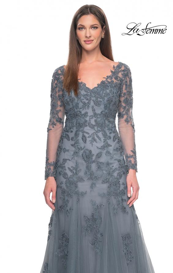 Picture of: Lace and Tulle A-Line Gown with Long Sleeves in Slate, Style: 31887, Detail Picture 4